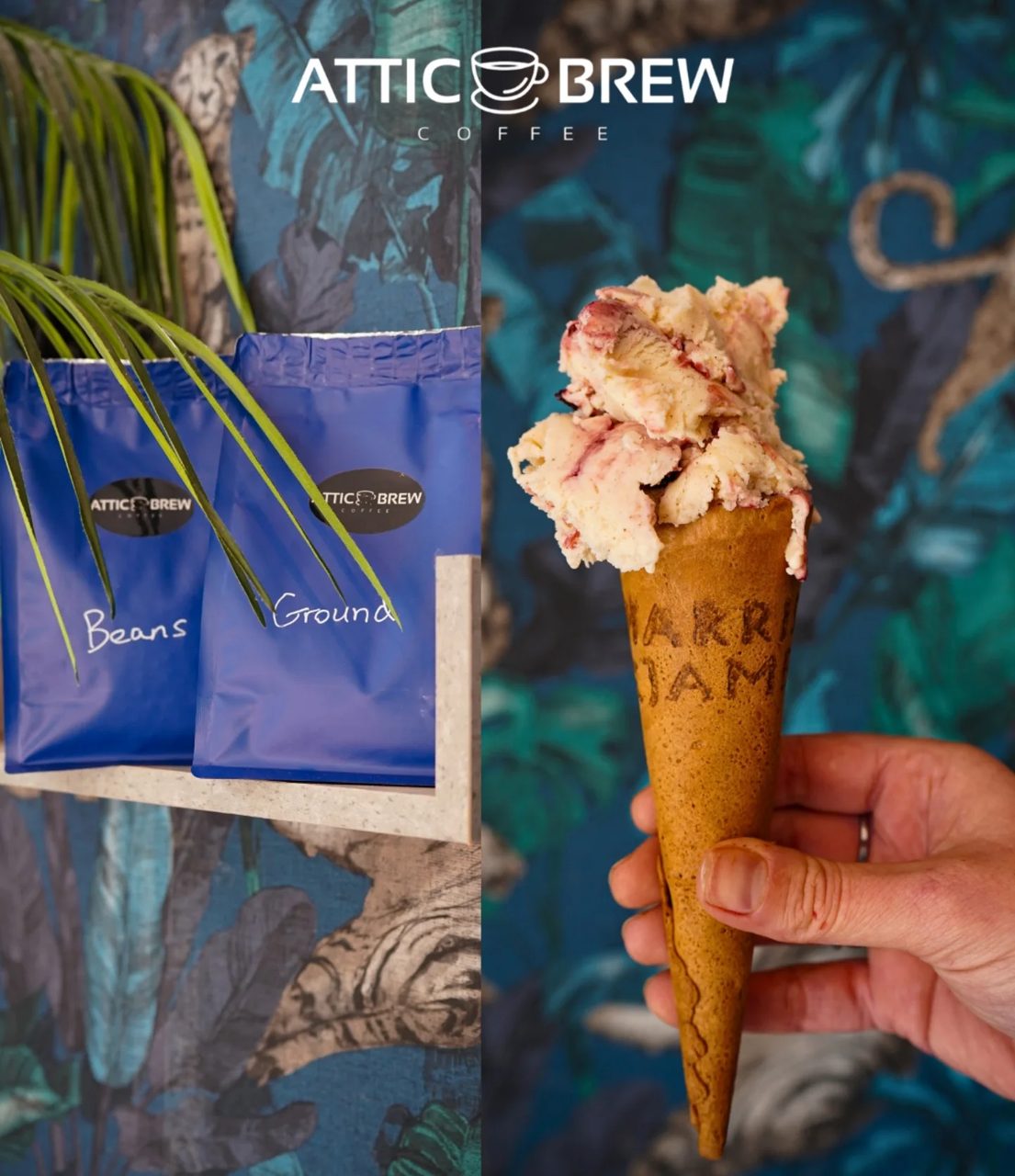 Attic Brew beans and grounds bags with gelato